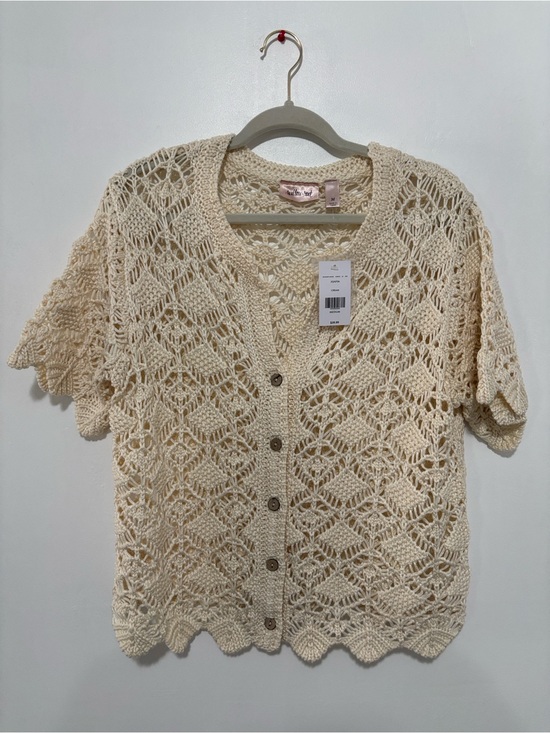 willow & root Sweaters - NWT Willow & Root Cream Short Sleeve Crochet Cardigan Sweater Top Medium